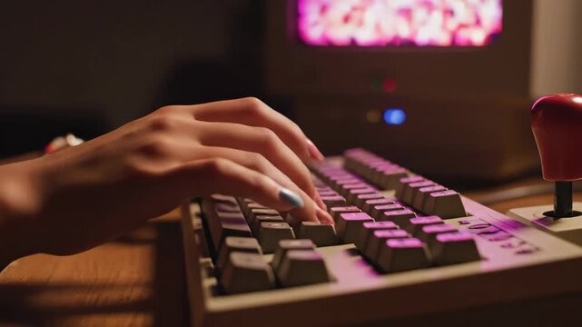 Retro Computer Typing - A person types on a vintage computer keyboard with a red joystick visible on the desk. The computer screen displays a blurred, fiery video in the background.