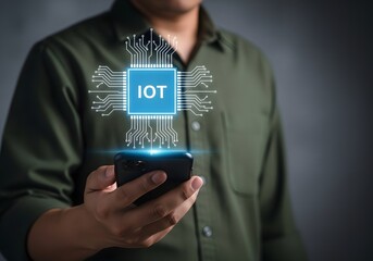 Man holding smartphone with iot circuit overlay showcasing internet of things technology concept