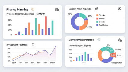 Financial dashboard displaying projected income expenses investment portfolio asset allocation and monthly budget categories for thorough personal analysis