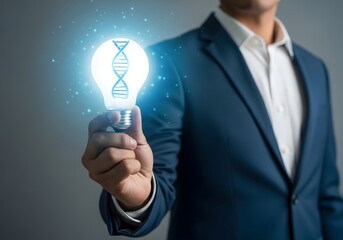 Man in suit holding glowing light bulb with dna strand inside representing new genetic ideas