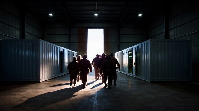 Backlit Workers Exiting Industrial Warehouse at Sunset - Slow Motion