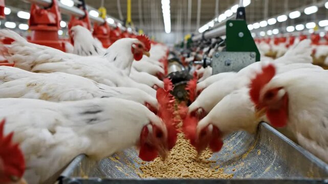 Chickens Eating Feed in a Poultry Farm - A close-up shot shows many white broiler chickens eating feed from a trough on a poultry farm.
