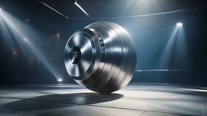 Sleek metallic sphere core spinning under moving spotlight beams, shadows shifting smoothly, cinematic 4k render. - Powered by Adobe