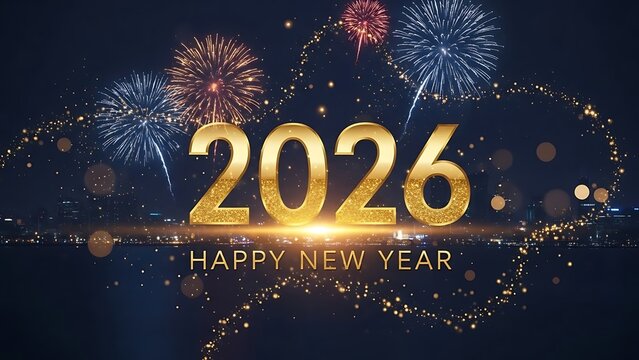 happy new year 2026 fireworks background. JPEG - Powered by Adobe