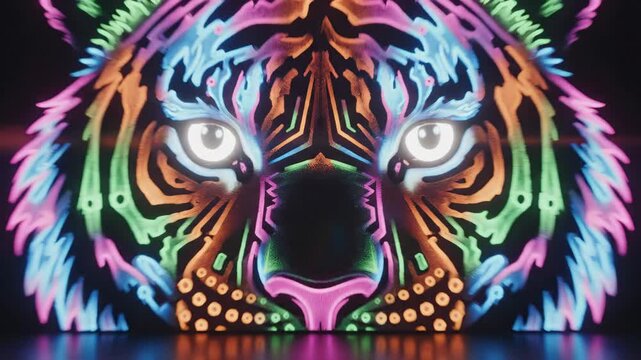 Neon Tiger Close-Up - A close-up shot of a tiger face is presented in an artistic and vibrant neon color scheme. The tiger's eyes are brightly lit, drawing the viewer's attention.