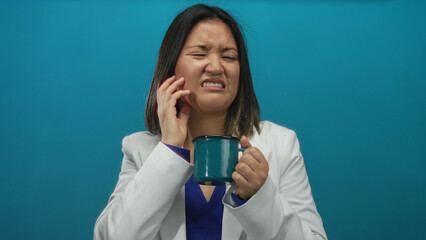 Young chinese woman holds coffee cup over blue background with a painful toothache expression, capturing a relatable moment of discomfort.
