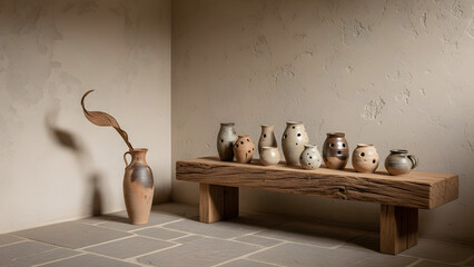 Collection of rustic handcrafted ceramic vases and pottery displaying wabi sabi aesthetics on a weathered wooden bench inside a quiet room