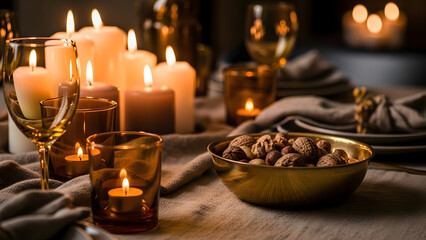 Obraz premium Warm intimate holiday dinner setting featuring numerous glowing pillar candles and a bowl of assorted nuts beside amber glassware creating a cozy festive atmosphere