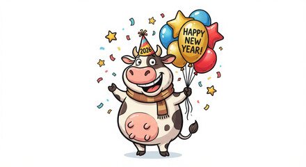 Naklejka premium Cheerful Cartoon Cow Mascot Celebrating Happy New Year with Balloons and Confetti isolated PNG with Transparent Background