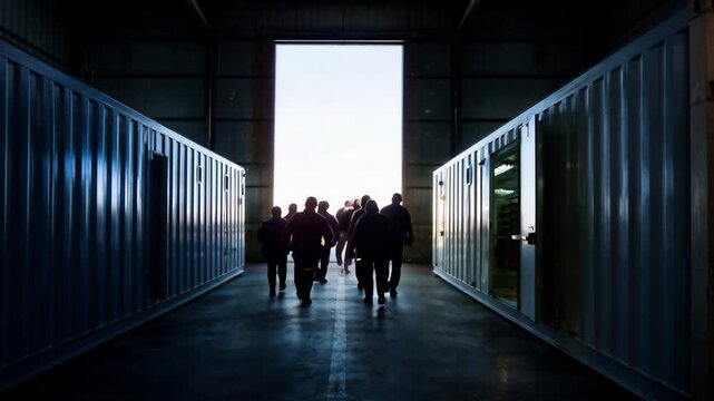 Group of Workers Leaving Industrial Warehouse Into Daylight