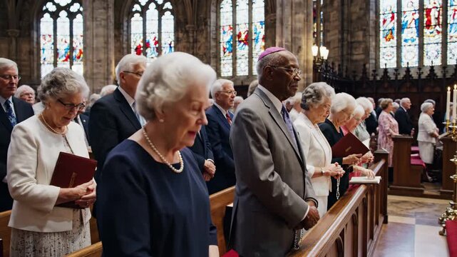 Church Congregation in Prayer - A group of people are seen standing in a church, likely attending a service or ceremony.