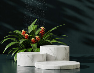Triple white marble podiums with red bromelia flowers AI Generated.