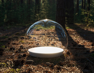 Glowing round podium inside glass dome in pine forest AI Generated.