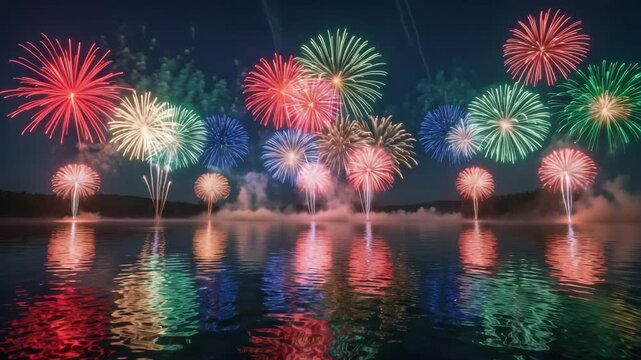 colorful neon explosions mirrored on the river