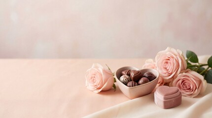 Delicate pink roses and heart-shaped chocolates