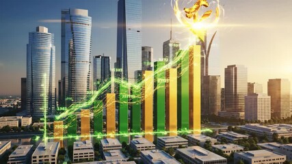 Financial Growth in Urban Landscape - This video shows a vibrant green and gold graph overlaying a modern city skyline, representing financial growth and success. - Powered by Adobe