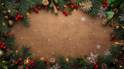 Festive holiday border with pine branches and decorations on wooden background