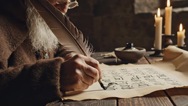 Scribe Writing with Quill Pen by Candlelight - An old man wearing glasses and a robe sits at a wooden table, writing on parchment paper with a quill pen.