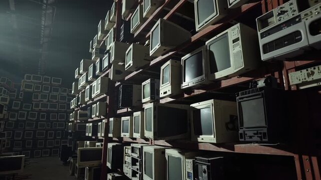 Vintage computers stacked in a dimly lit warehouse setting  