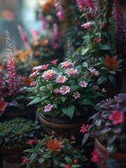 A pink bidens flowers and various lush plants thrive in decorative pots. The diverse green foliage provides a vibrant backdrop to the delicate and striking blossoms.