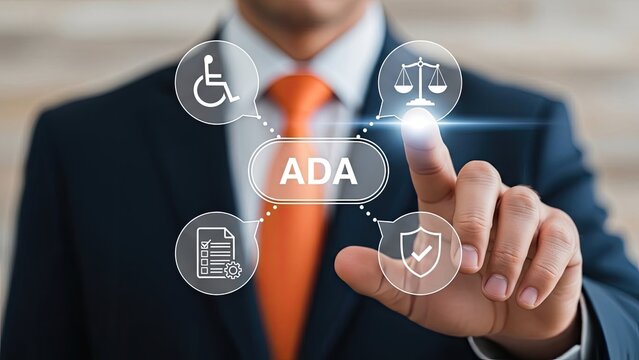 Businessman interacting with ADA compliance icons on digital interface