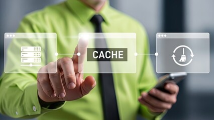 Businessman interacting with cache system on mobile device in modern office