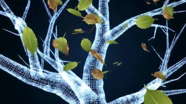 Holographic wireframe spinning tree with leaves falling, green and brown colour, dark blue background video 4k