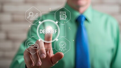 Businessman interacting with debrief interface on virtual screen