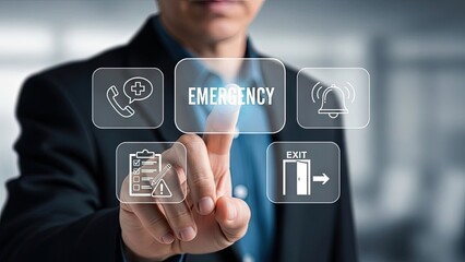 Businessman interacting with emergency response system icons on transparent screen