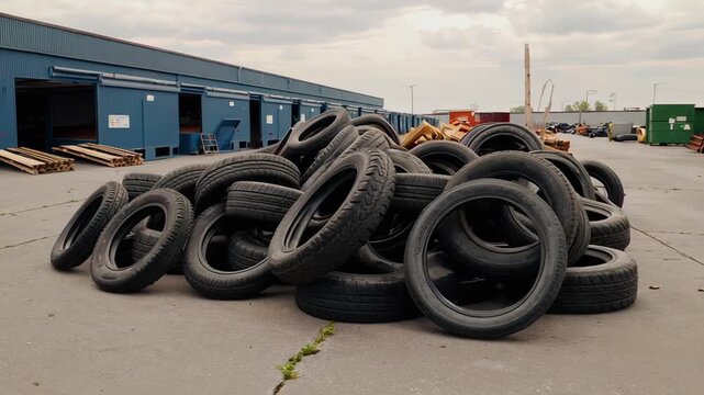 Pile of used tires stacked on concrete surface at warehouse location  
