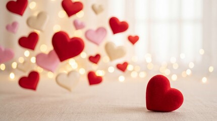 Romantic hearts floating in soft light