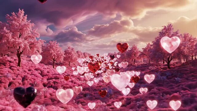 Pink Heart Landscape - This video shows a pink landscape with trees and sky filled with floating hearts. The hearts vary in size and opacity creating a whimsical dreamy scene.