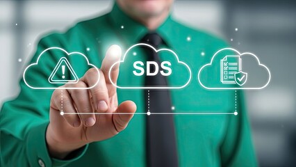Businessman interacting with SDS cloud computing interface for secure data storage
