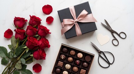 Romantic gift preparation with roses and chocolates