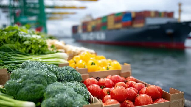 Close-up of boxed vegetables on a port quay, dew on produce surfaces, shallow depth of field with cargo ship hull behind, visual metaphor for fresh food transportation by sea