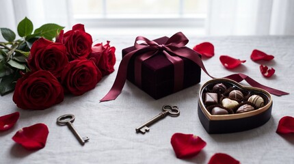 Romantic gift arrangement with roses and chocolates