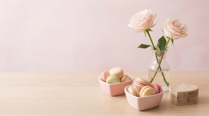 Delicate roses and macarons in pastel tones