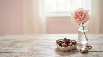 Single rose in a vase with chocolates