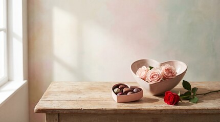 Delicate rose arrangement on wooden table