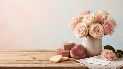 Delicate pink roses in a vase