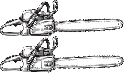 Hand drawn style Chain Saw silhouette set isolated on transparent background