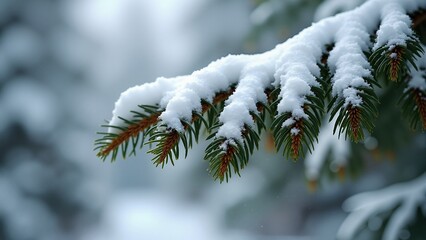 Snow-covered conifer branch with bumps
