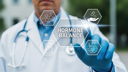 Doctor in lab coat discussing hormone balance with interactive health icons