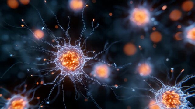 Close-up of individual glowing cells, orange illumination highlighting tiny textures and filaments, soft surrounding glow giving a scientific yet artistic feel, high-resolution mic
