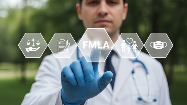 Doctor interacting with FMLA healthcare icons in a natural setting