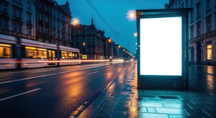 Empty vertical billboard at city street bus stop at night. Urban scene with blank advertising panel. People walking and buses passing. Commercial space for ads. Night time public mockup.