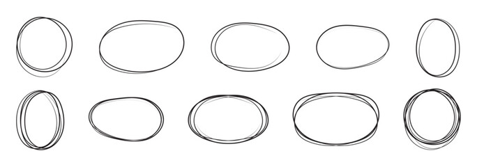 Hand drawn red pen highlight round oval frame set. Handwritten red marker, pencil scribble stroke line oval frame. Brush round frame highlight. Grunge scratch style set. Vector stock illustration 