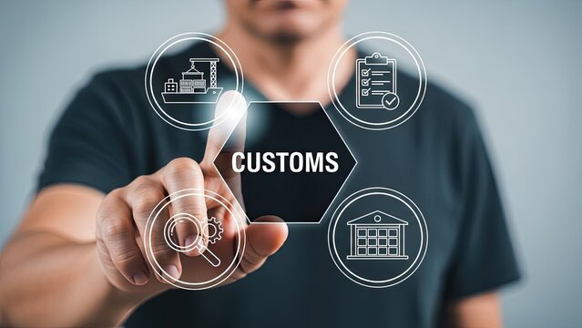 Man interacting with customs icons on digital interface for business - Powered by Adobe