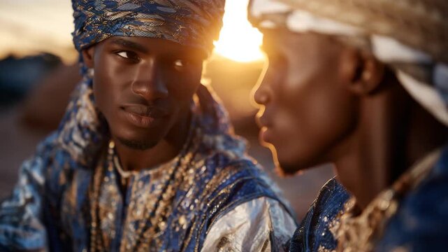 Close-up of two men in traditional garments talking in the desert, intricate fabric textures visible, sun low on the horizon casting long shadows, calm and culturally rich atmosphe