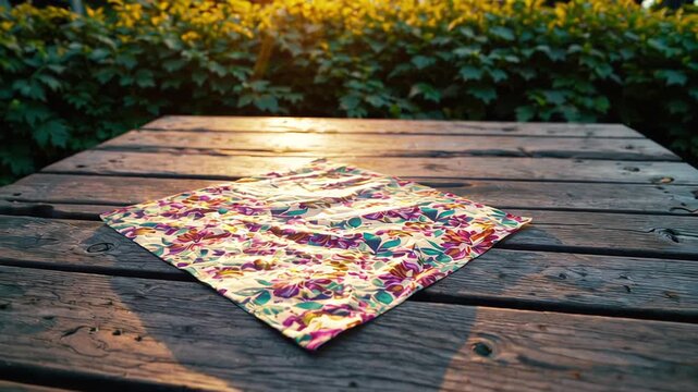 Colorful floral tablecloth on rustic wooden table in garden at sunset  